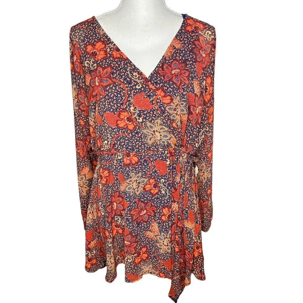 Free People Teegan Mini Dress Floral Print Orange Red Oversized Sz S NEW!